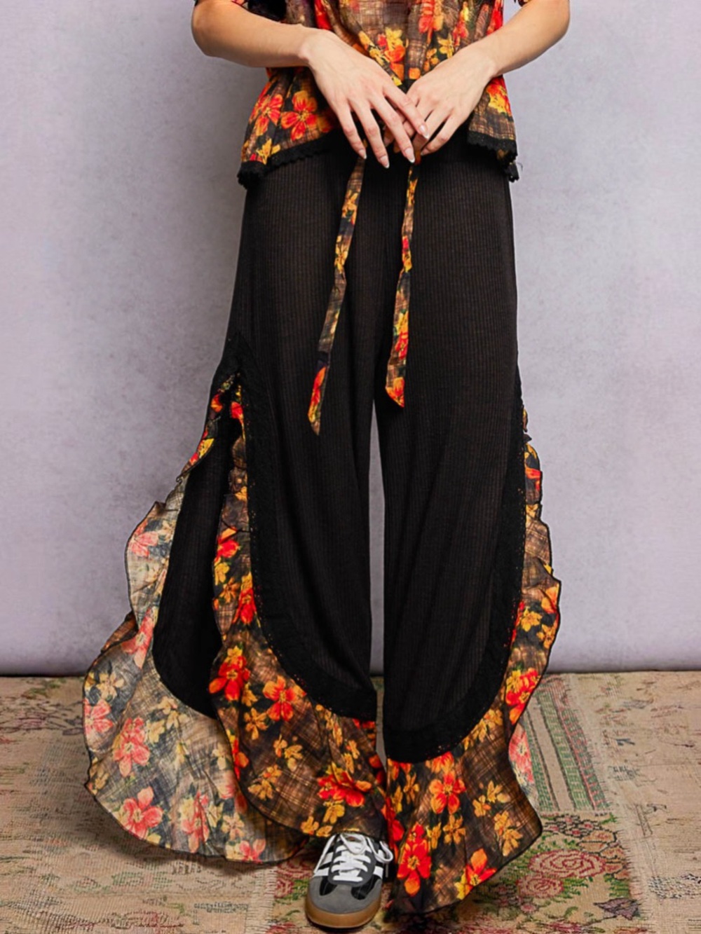 NWT POL Bohemian Black Floral Ruffle Wide Leg Pants S M L